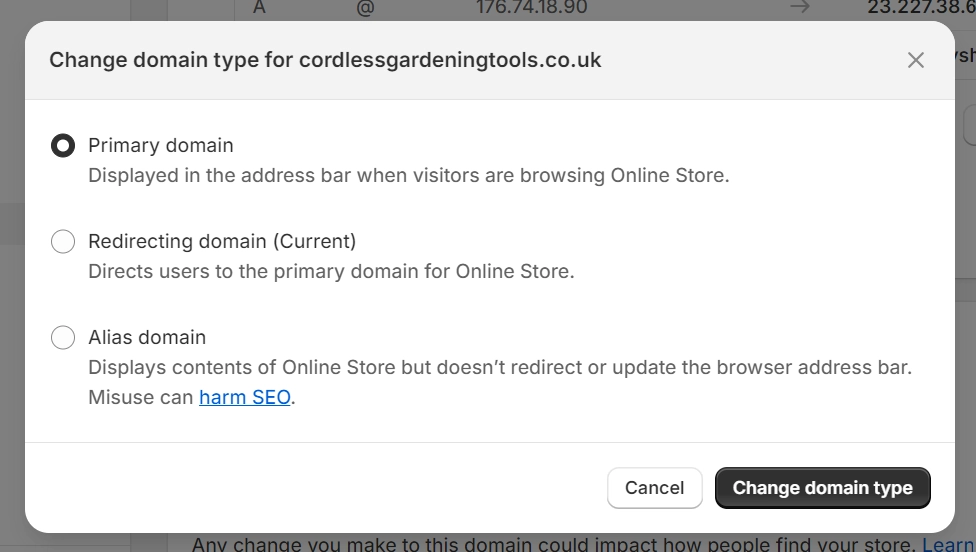 Choosing primary domain to fix Shopify SSL